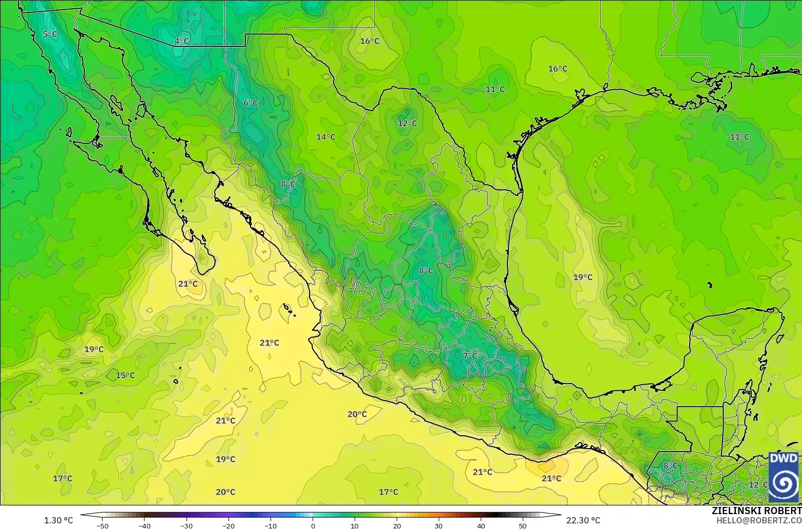 ICON model - Meksyk, Temperatura na 850 hPa