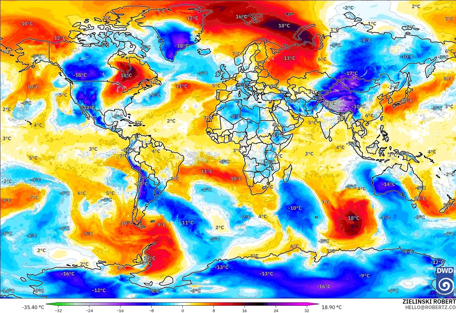 ICON model - Świat, Anomalia temperatury na 850 hPa