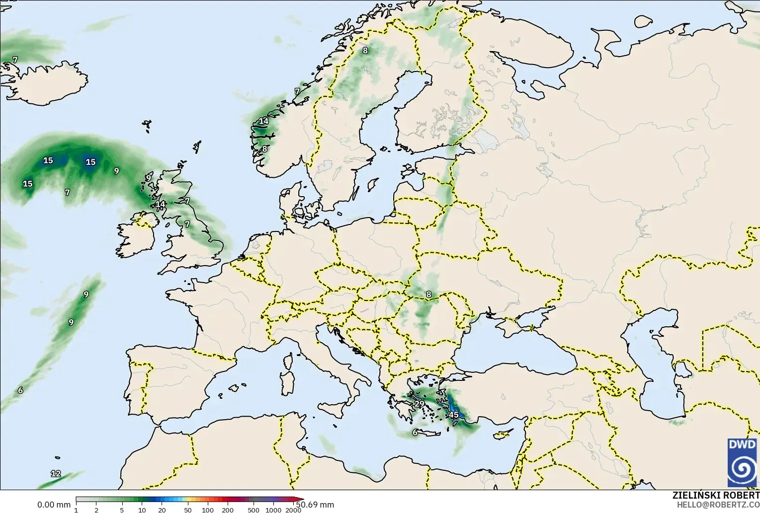 ICON model - Europa, Suma opadów