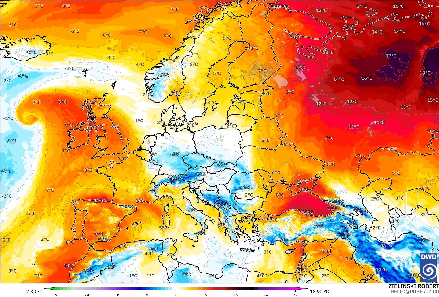 ICON model - Europa, Anomalia temperatury na 850 hPa