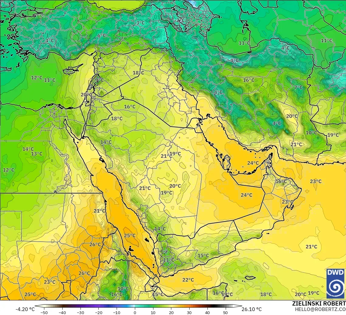 ICON model - Bliski Wschód, Temperatura na 850 hPa